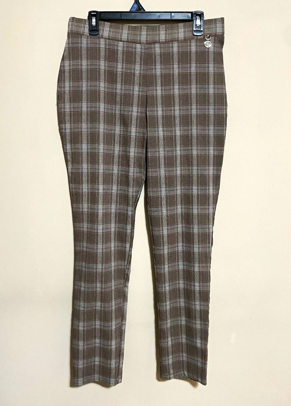 Tommy Hilfiger Brown Gray Plaid Pull On Pants Career Preppy 90s Logo Size 14